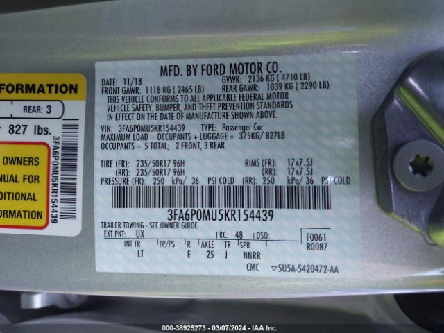 3FA6P0MU5KR154439 Ford Fusion Hybrid Sel