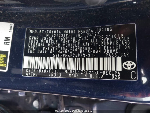 Toyota COROLLA LE 2022 5YFEPMAE7NP335319 Image 9