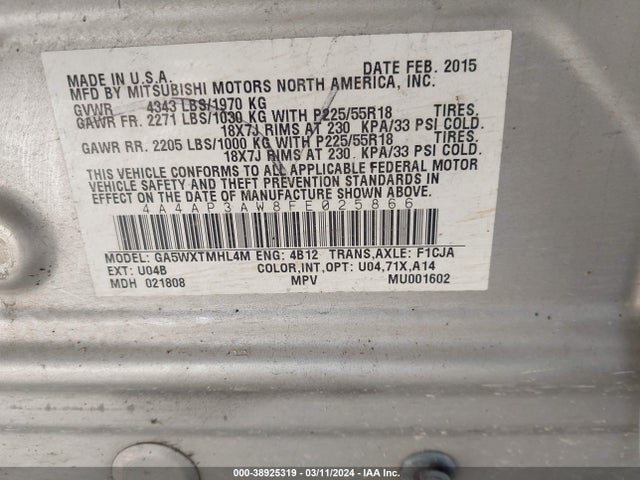 4A4AP3AW8FE025866 Mitsubishi Outlander Sport Es