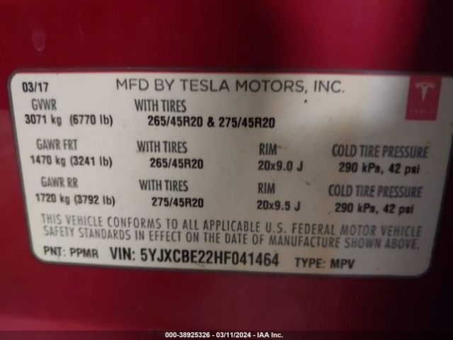 5YJXCBE22HF041464 Tesla Model X 100d/75d/90d