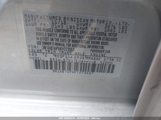 Nissan SENTRA S 2019 3N1AB7APXKY273557 Image 9