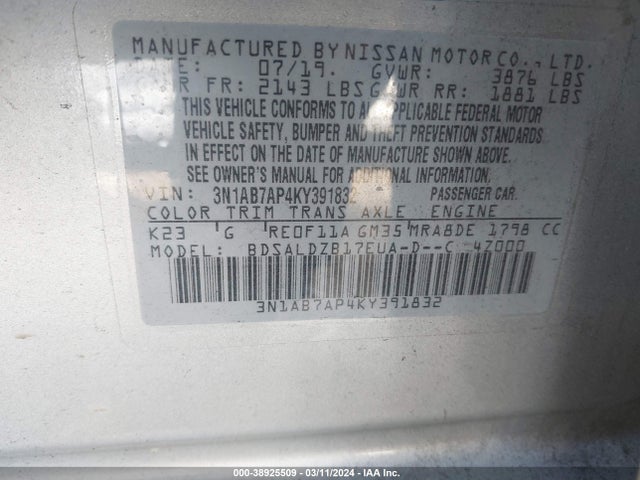 Nissan SENTRA SV 2019 3N1AB7AP4KY391832 Image 9