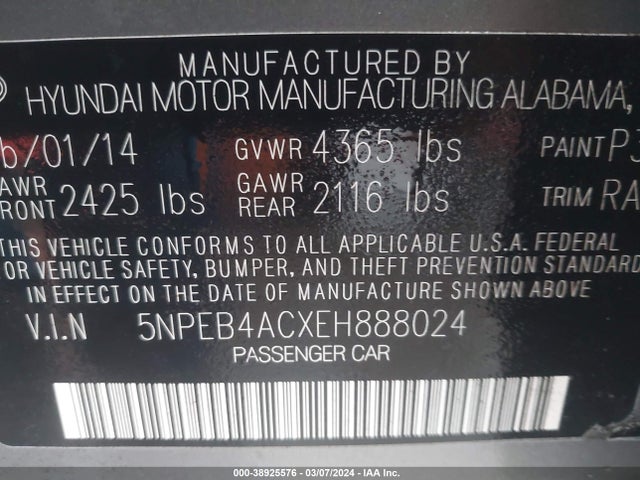 Hyundai SONATA GLS 2014 5NPEB4ACXEH888024 Image 9