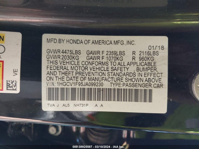 Honda Accord Touring 2018 1HGCV1F95JA099230 Image 9