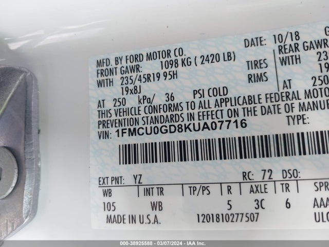 Ford ESCAPE SE 2019 1FMCU0GD8KUA07716 Image 9