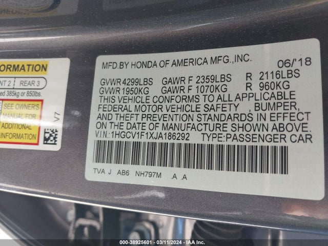 Honda ACCORD LX 2018 1HGCV1F1XJA186292 Image 9