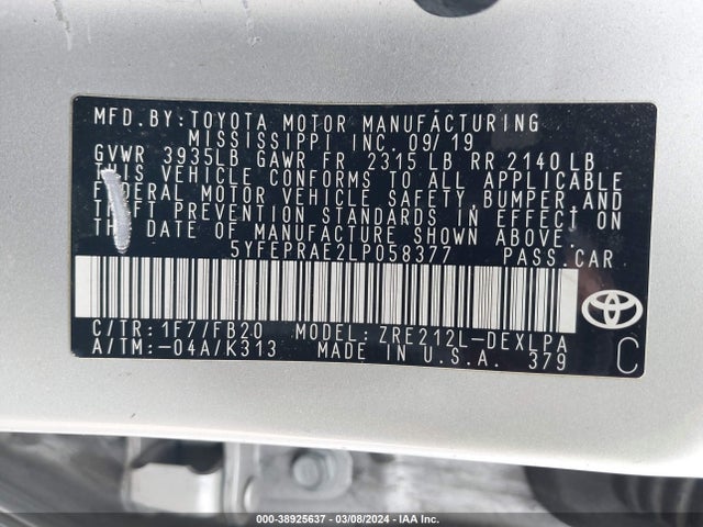 Toyota COROLLA LE 2020 5YFEPRAE2LP058377 Image 9