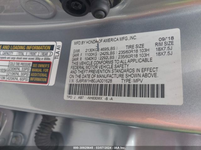 5J6RW1H80JA001628 Honda Cr-v Ex-l/ex-l Navi