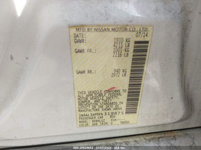1N4AL3AP9FN319875 Nissan Altima 2.5/2.5 S/2.5 Sl/2.5 Sv
