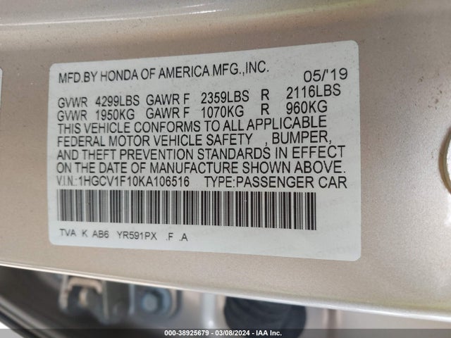 Honda ACCORD LX 2019 1HGCV1F10KA106516 Image 9