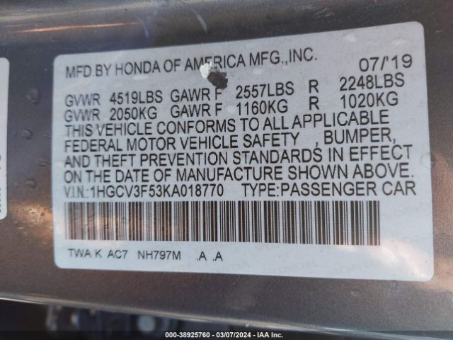 1HGCV3F53KA018770 Honda Accord Hybrid Ex-l