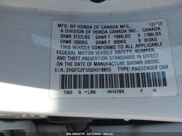 Honda Civic Lx 2016 2HGFC2F55GH518855 Image 9