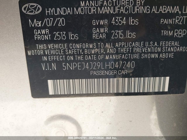 Hyundai Sonata Sel Plus 2020 5NPEJ4J29LH047240 Image 9