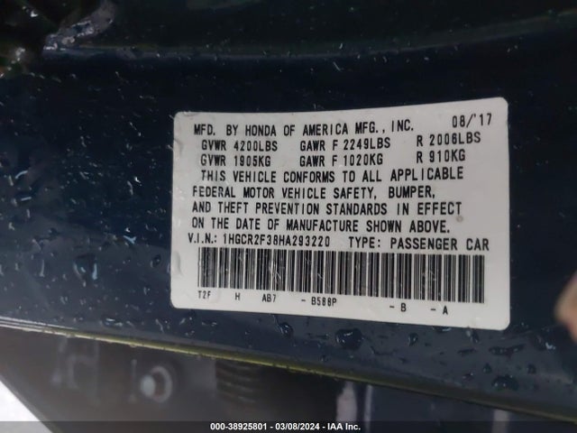 Honda ACCORD LX 2017 1HGCR2F38HA293220 Image 9