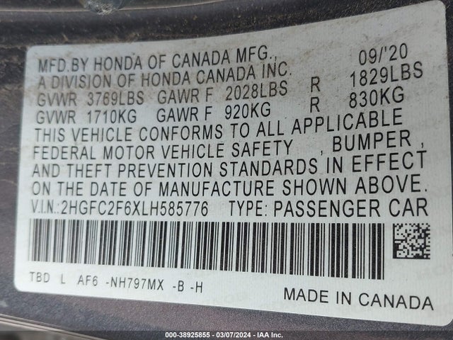 Honda Civic Lx 2020 2HGFC2F6XLH585776 Image 9