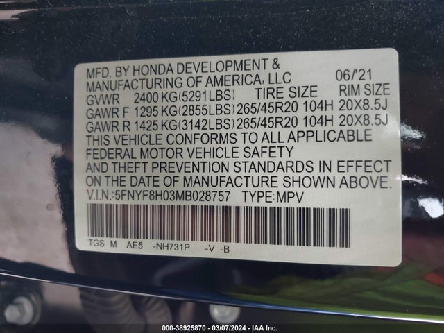 Honda Passport Awd Elite 2021 5FNYF8H03MB028757 Image 9