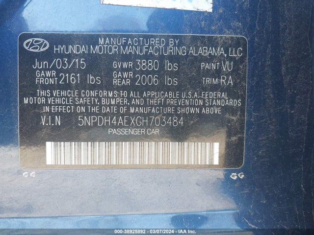 Hyundai ELANTRA SE 2016 5NPDH4AEXGH703484 Image 9