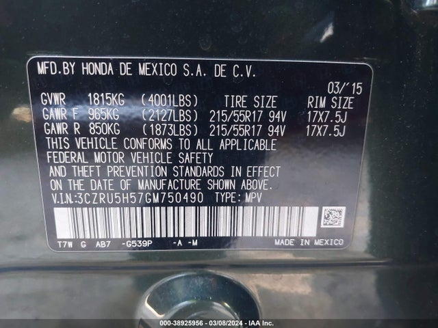 Honda HR-V EX 2016 3CZRU5H57GM750490 Image 9
