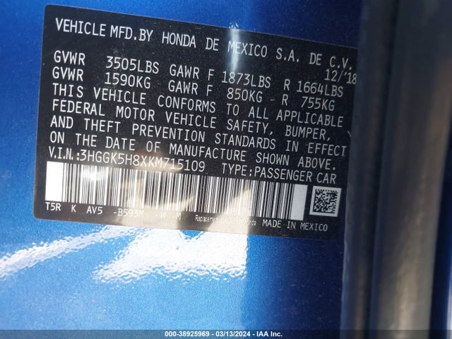 Honda FIT EX 2019 3HGGK5H8XKM715109 Image 9