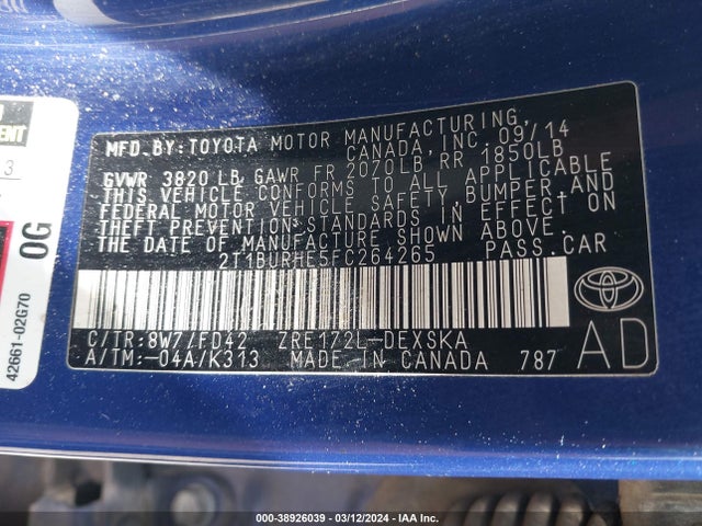 Toyota Corolla S 2015 2T1BURHE5FC264265 Image 9