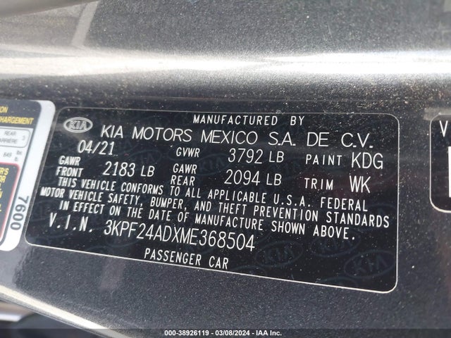 KIA FORTE FE 2021 3KPF24ADXME368504 Image 9