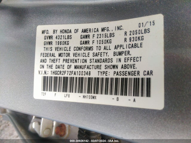 Honda ACCORD EX 2015 1HGCR2F72FA100348 Image 9