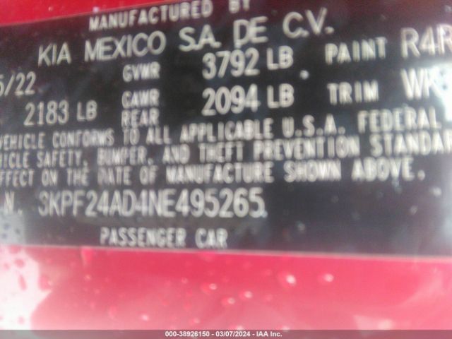 3KPF24AD4NE495265 KIA Forte Lxs