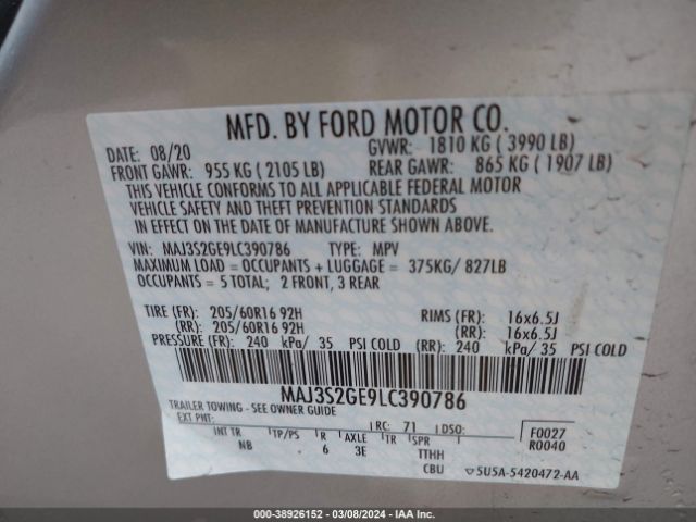 MAJ3S2GE9LC390786 Ford Ecosport Se