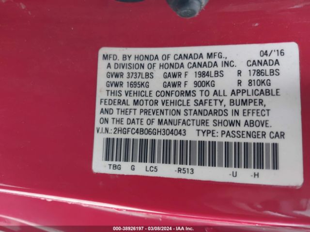 2HGFC4B06GH304043 Honda Civic Lx-p