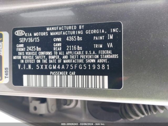 5XXGM4A75FG519381 KIA Optima Lx
