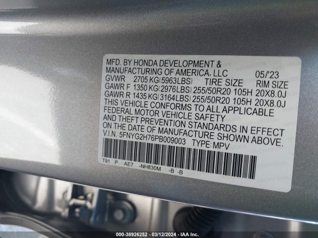 Honda Pilot 2wd Touring 2023 5FNYG2H76PB009003 Image 9