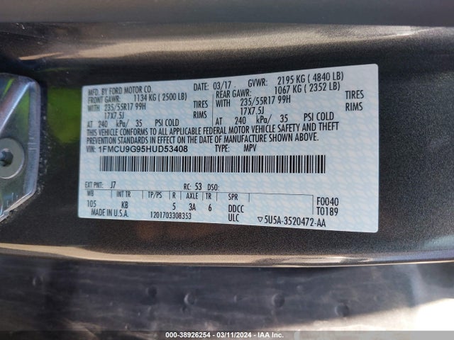 Ford ESCAPE SE 2017 1FMCU9G95HUD53408 Image 9