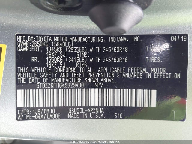 Toyota Highlander Le 2019 5TDZZRFH6KS329400 Image 9