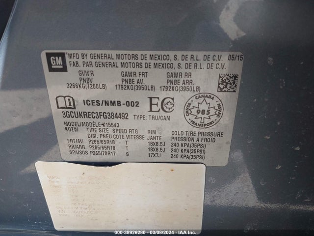 Chevrolet Silverado 1500 1lt/2lt 2015 3GCUKREC3FG384492 Image 9