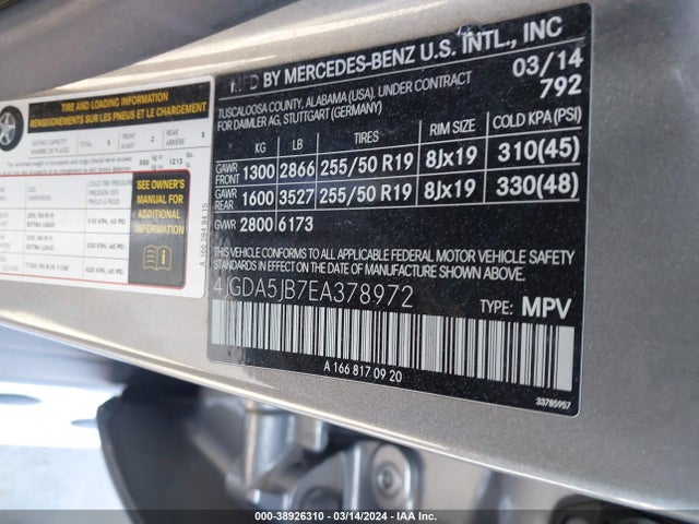 4JGDA5JB7EA378972 Mercedes-Benz ML 350