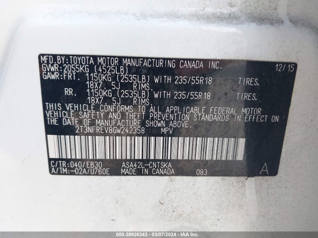 Toyota RAV4 SE 2016 2T3NFREV8GW242358 Image 9
