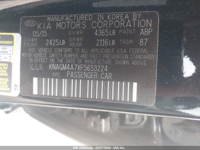 KIA Optima Lx 2015 KNAGM4A7XF5653224 Image 9