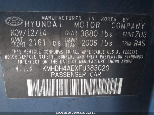 Hyundai ELANTRA SE 2015 KMHDH4AEXFU383020 Image 9
