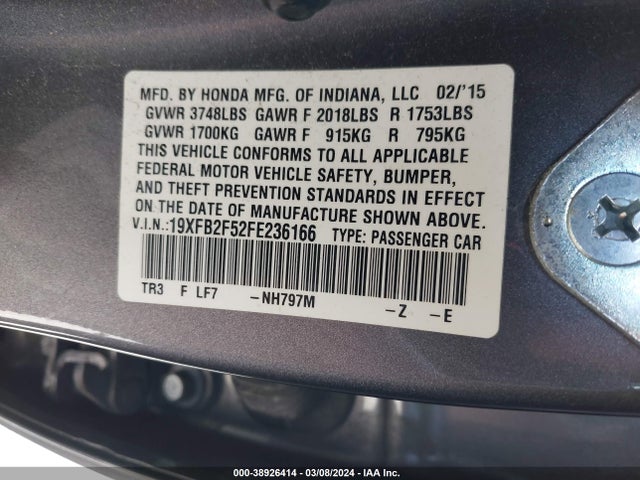 Honda Civic Lx 2015 19XFB2F52FE236166 Image 9