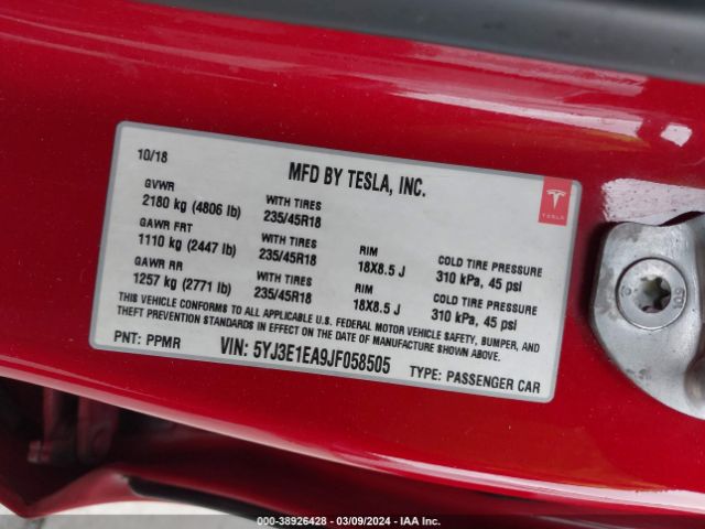 5YJ3E1EA9JF058505 Tesla Model 3 Long Range/mid Range