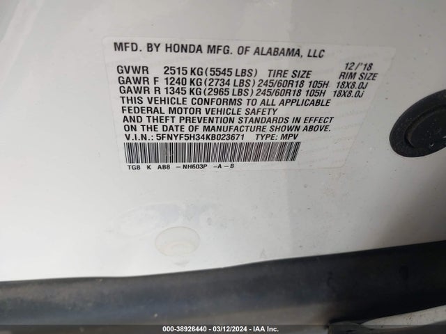 Honda Pilot Ex 2019 5FNYF5H34KB023671 Image 9