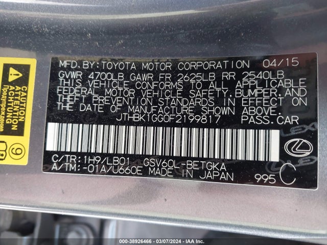 Lexus ES 350 2015 JTHBK1GG0F2199817 Image 9