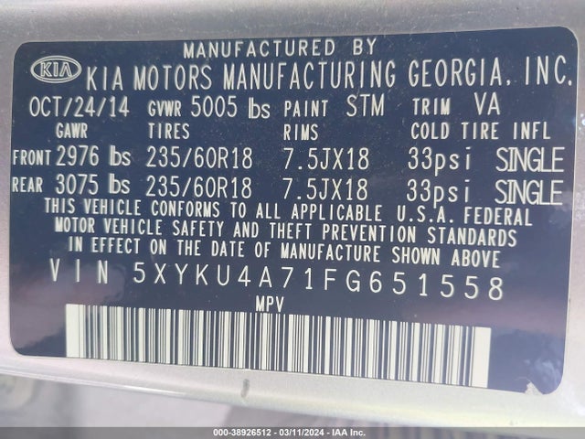 KIA Sorento Ex V6 2015 5XYKU4A71FG651558 Image 9