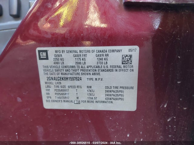Chevrolet EQUINOX LT 2017 2GNALCEK8H1597624 Image 9
