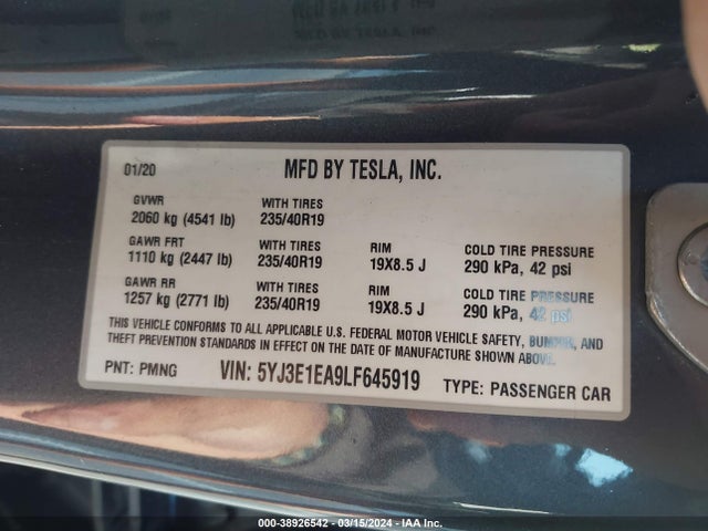 5YJ3E1EA9LF645919 Tesla Model 3 Standard Range Plus Rear-wheel Drive/standard Range Rear-wheel Drive