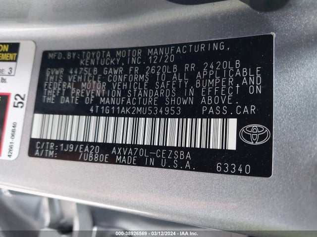 Toyota CAMRY SE 2021 4T1G11AK2MU534953 Image 9