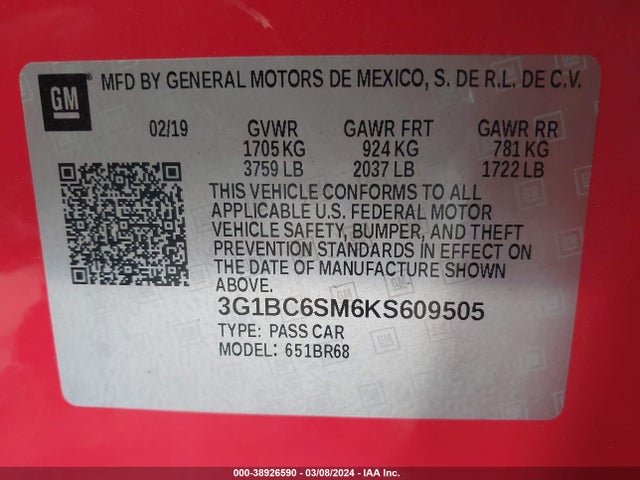 Chevrolet CRUZE LS 2019 3G1BC6SM6KS609505 Image 9