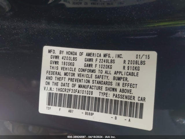 Honda ACCORD LX 2015 1HGCR2F30FA101009 Image 9