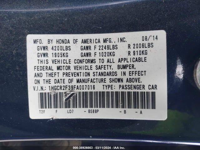 Honda ACCORD LX 2015 1HGCR2F39FA007016 Image 9