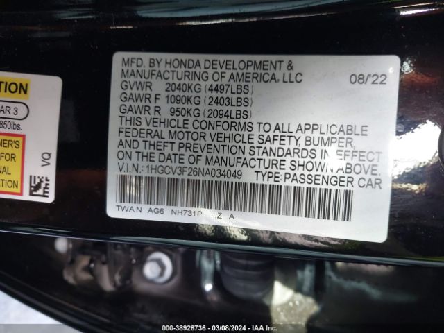 1HGCV3F26NA034049 Honda Accord Hybrid Sport